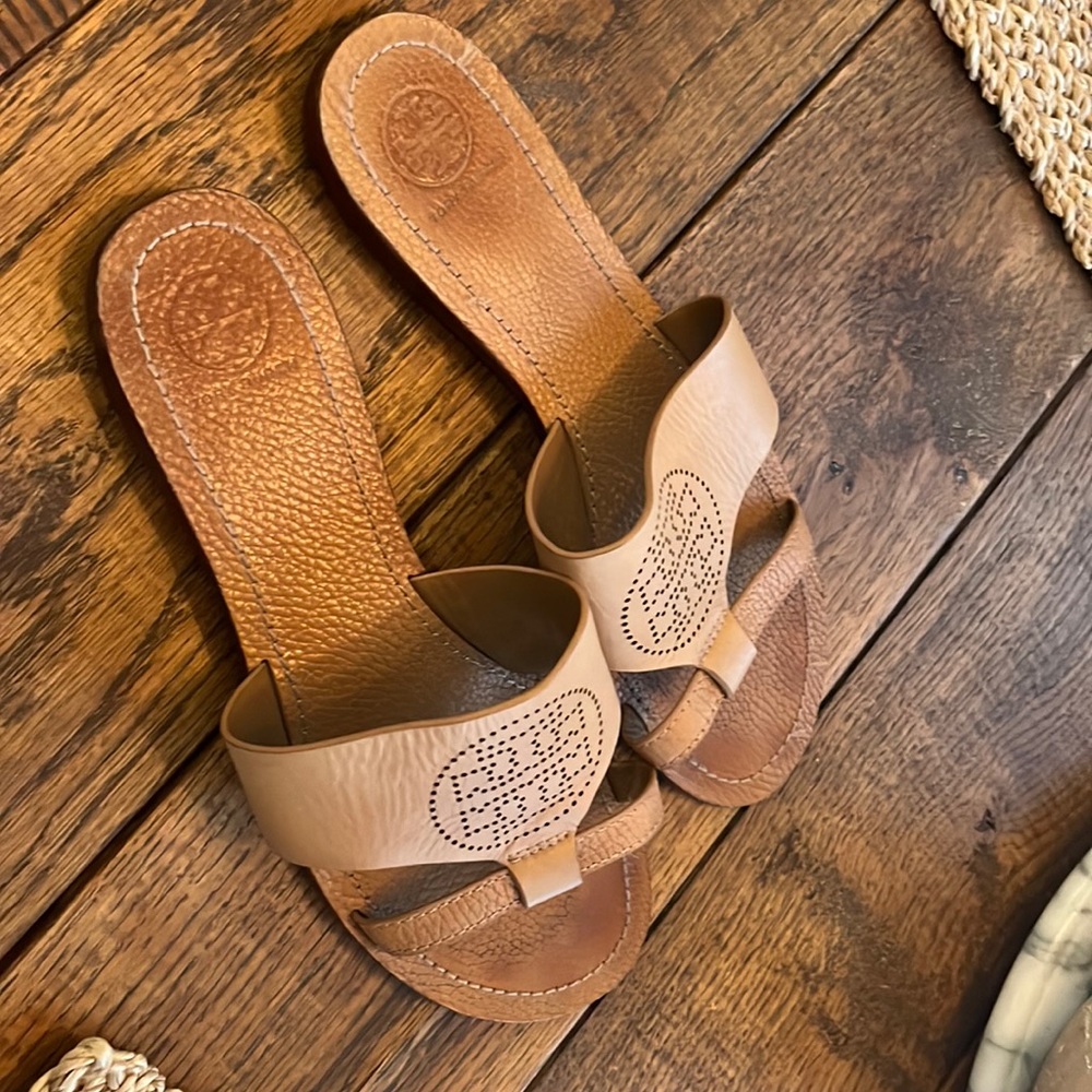 Tan Tory Burch slide sandals